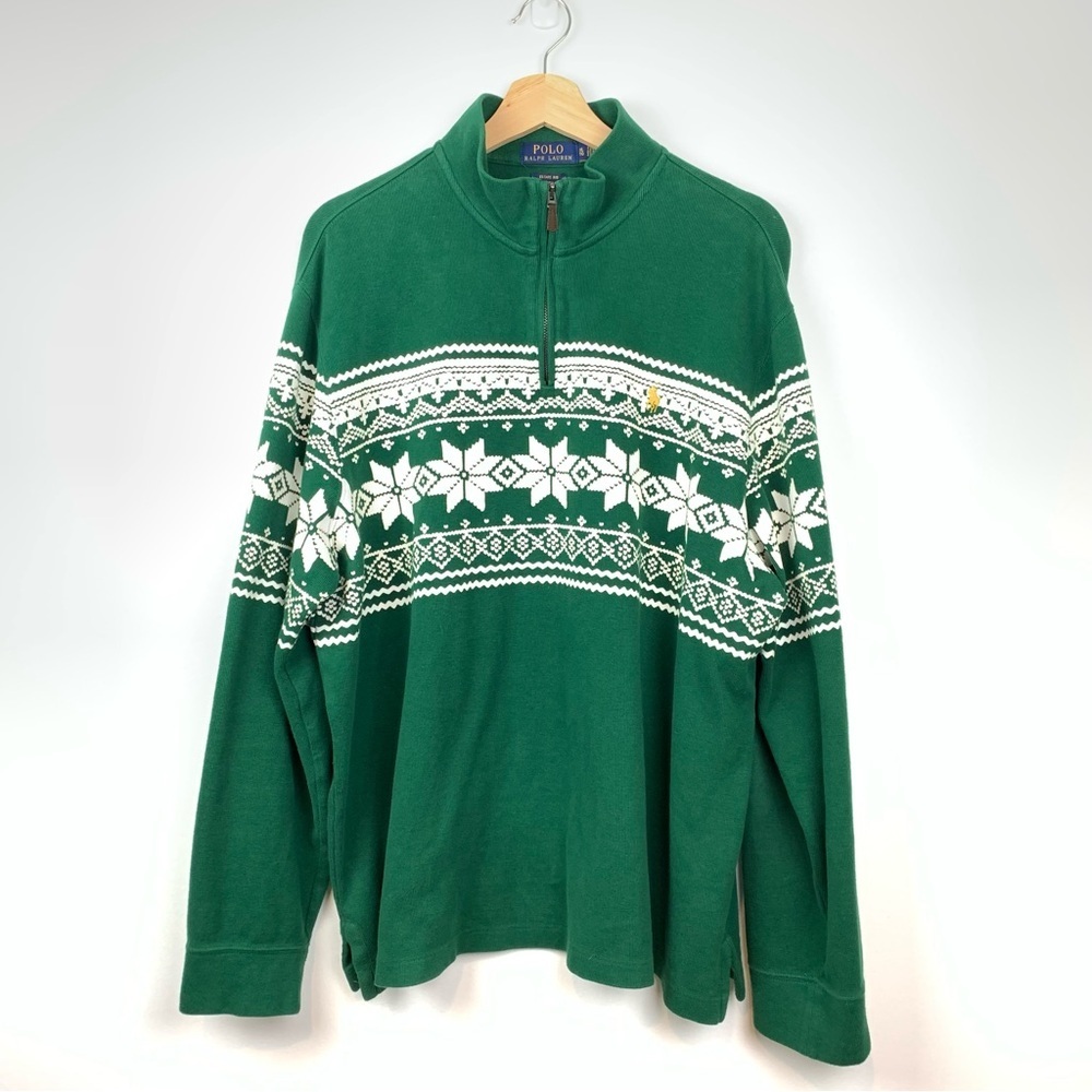Polo Ralph Lauren Sweater Estate Rib XL Green Fair Isle Snowflake 1/4 Zip Preppy